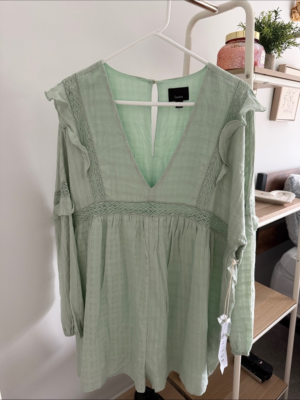 Lumiere Light Mint Green Boho V-Neck Long Sleeve Romper